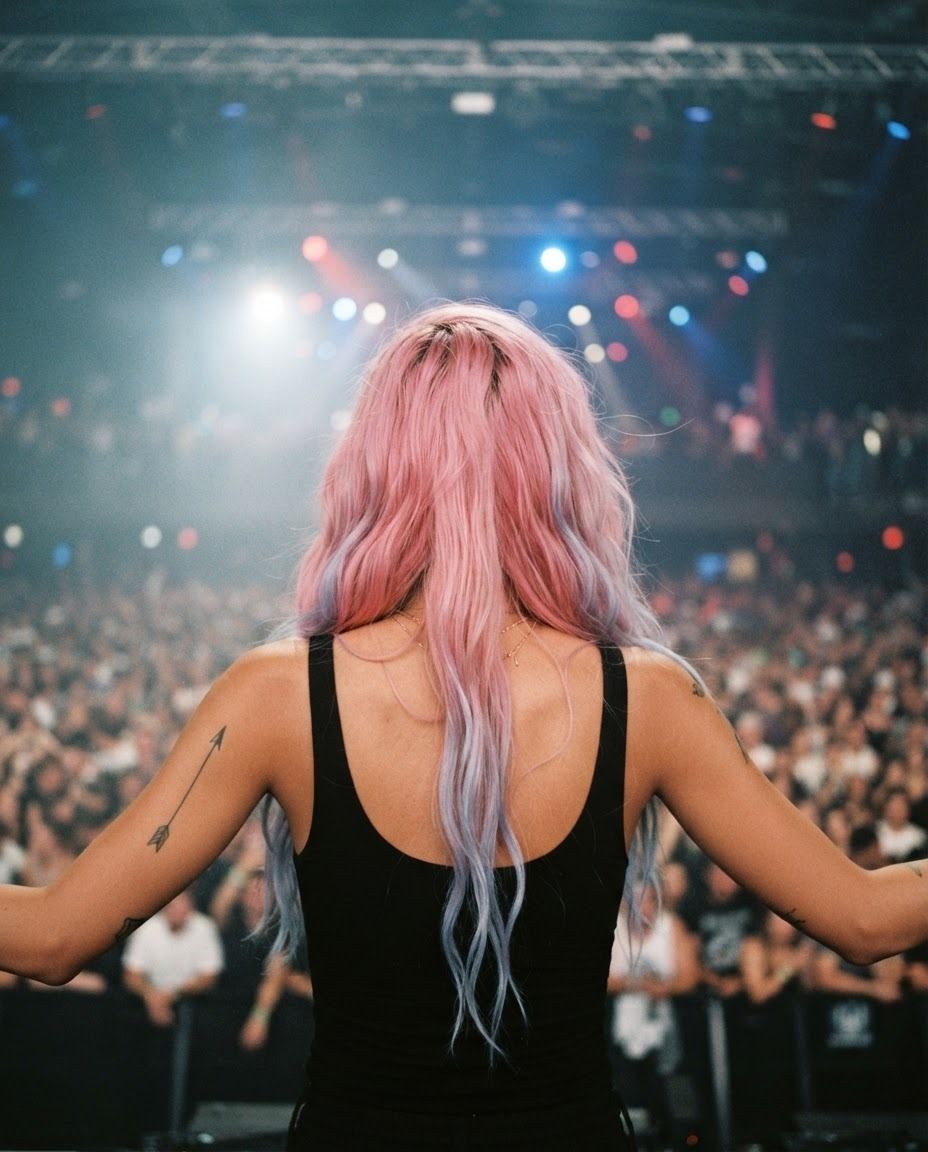Elena seen from behind, facing a crowd on stage