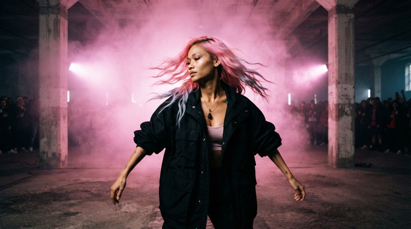 Elena in a warehouse full of pink smoke, arms open