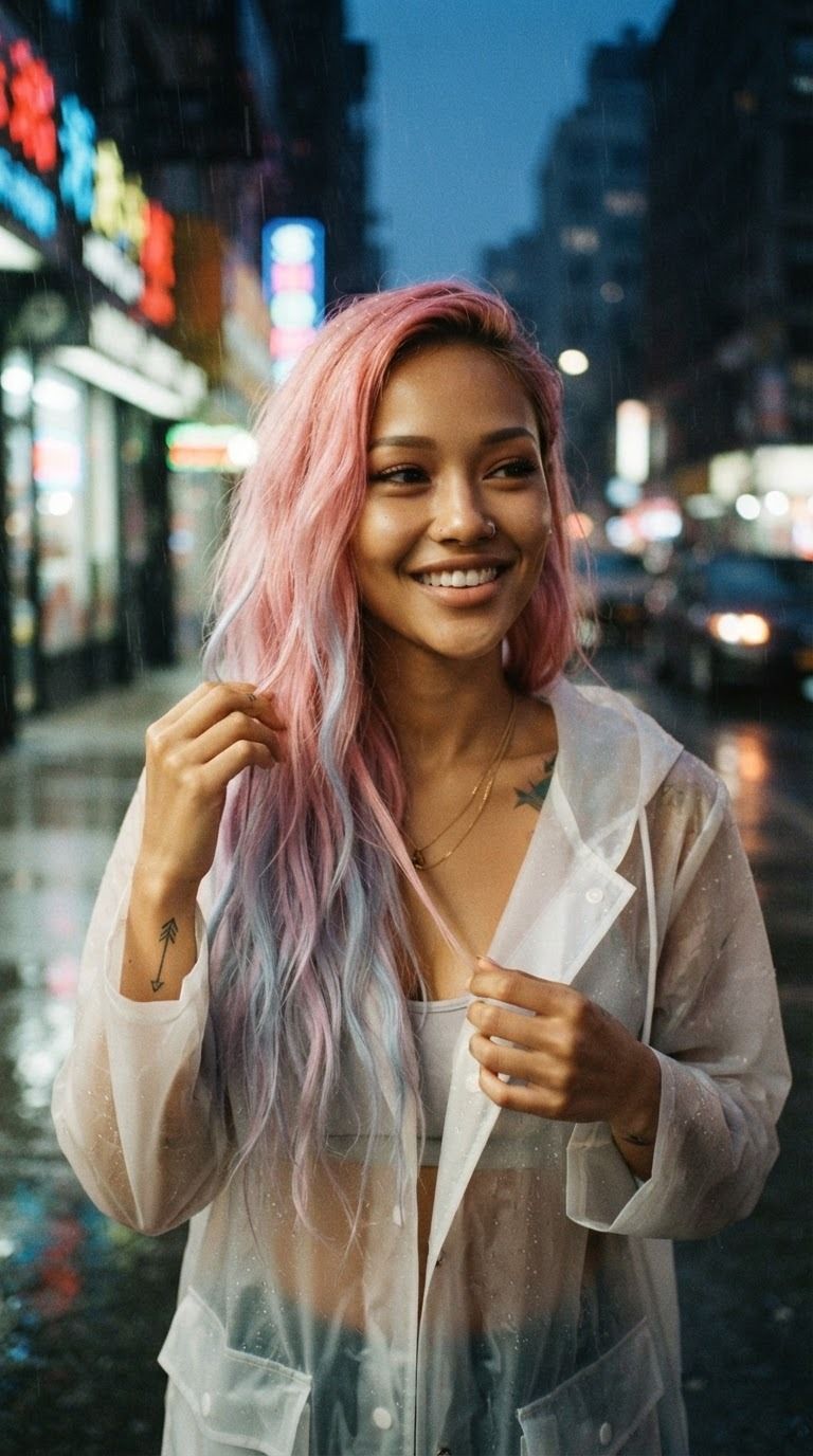 Elena in a transparent raincoat on a rainy street at night