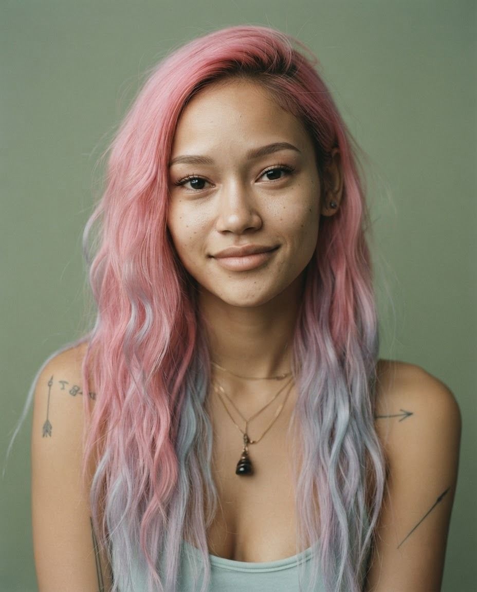 Portrait of Elena Varela, pink hair, arrow tattoos on both arms
