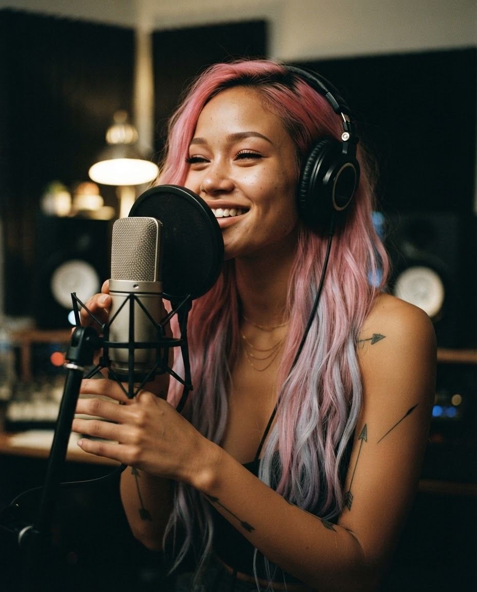 Elena singing close to a studio microphone