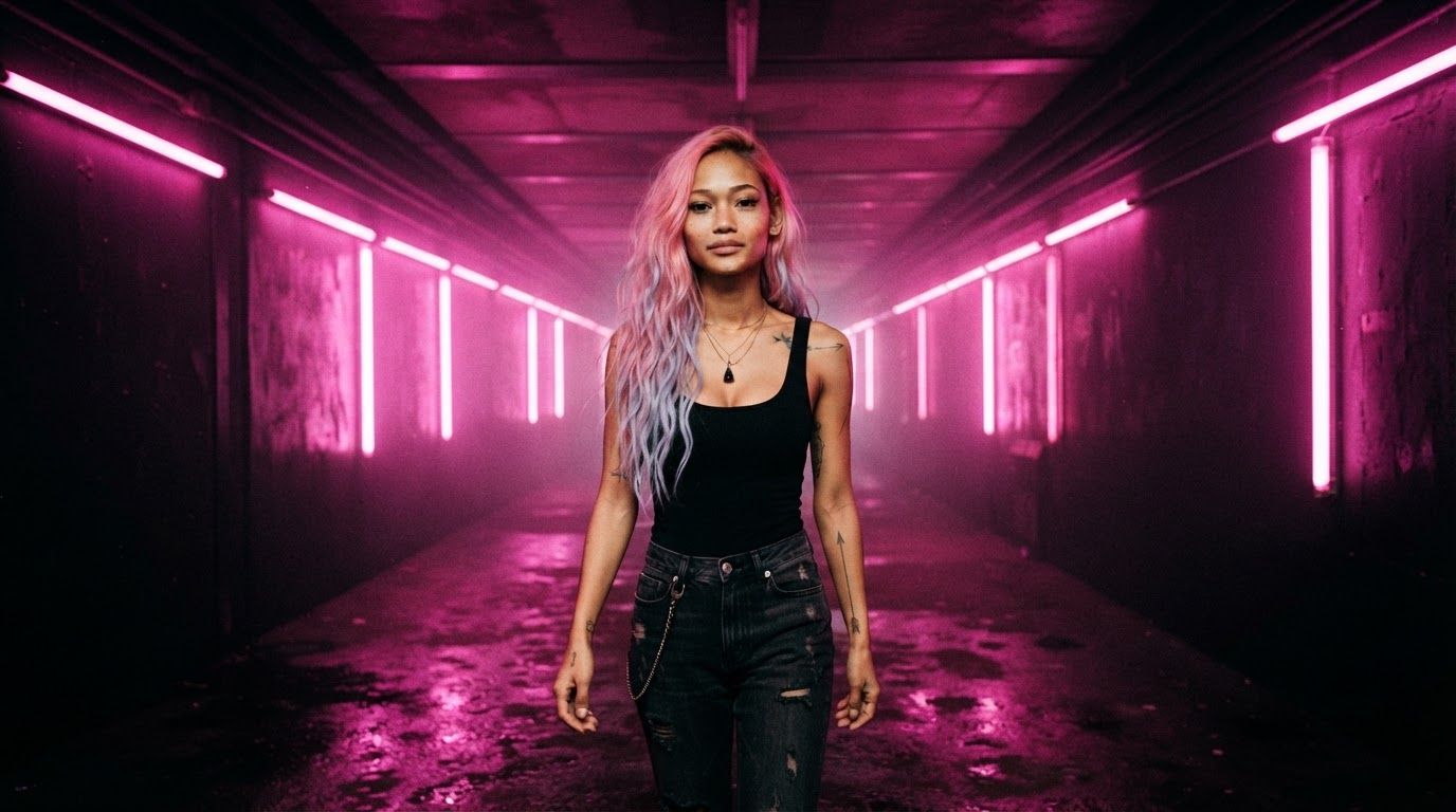Elena walking through a tunnel lit by pink neon tubes